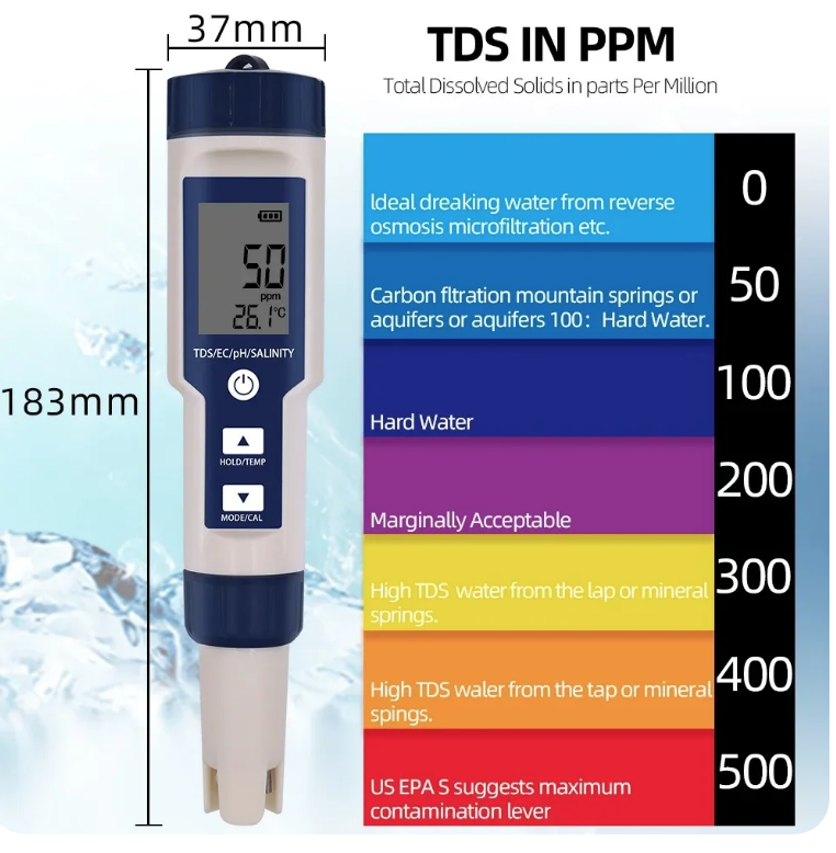 Medidor Digital de salinidad 5 en 1, medidor de temperatura de PH TDS EC, impermeable con función de calibración automática, probador de PH de calidad del agua